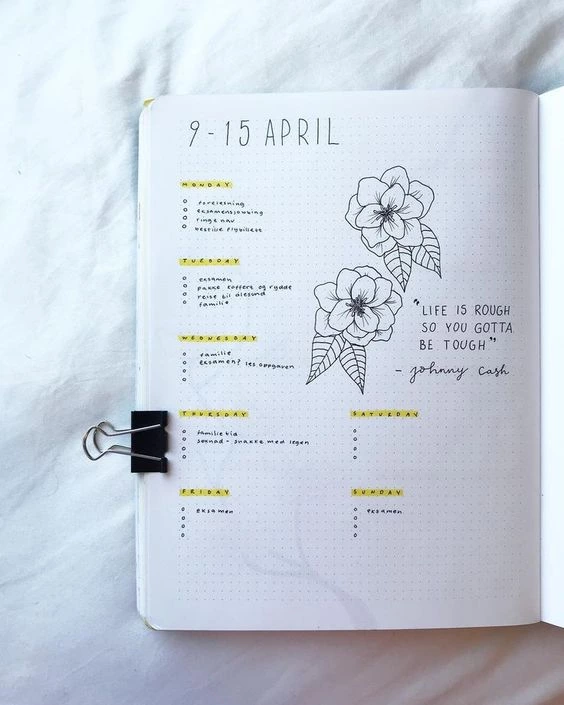 Bullet Journal Weekly Layout, One Paged Weekly Layout, Flower Drawing. | @buujooo