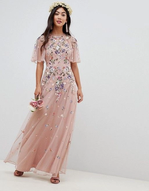 ASOS Petite | ASOS DESIGN Petite Bridesmaid Floral Embroidered Dobby Mesh Flutter Sleeve Maxi Dress