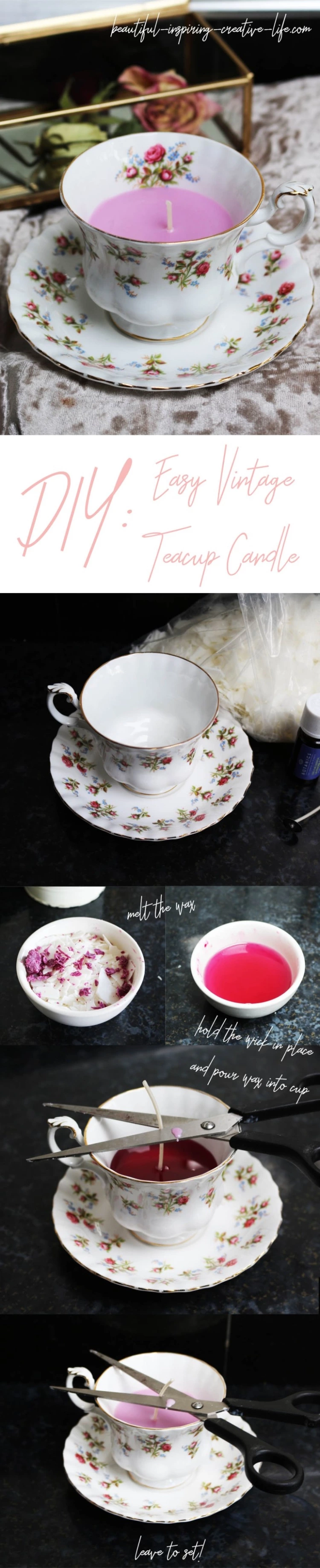 Easy, Cheap DIY Vintage Tea-Cup Candle! I Love This DIY, It's A Super Cheap Gift - It's Beautiful (and Vintage, Which I Love) 
