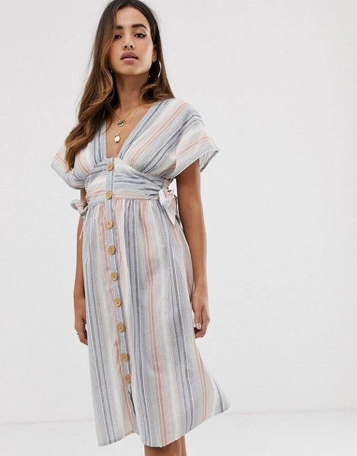 Boohoo Exclusive Midi Dress With Tie Sides And Button Through In Washed Pastel Stripe | ASOS