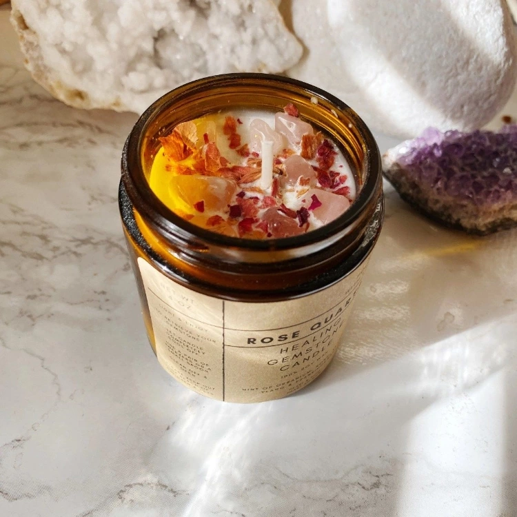 Rose Quartz Gem Inside 4 Oz Healing Gemstone Soy Wax Candle