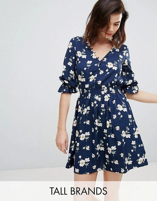 Influence Tall | Influence Tall V Neck Floral Tea Dress With Gathered Sleeve