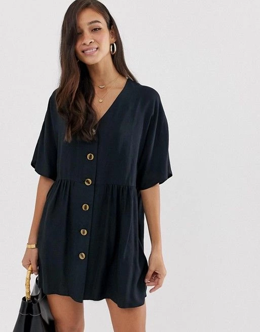 ASOS DESIGN V Neck Button Through Mini Smock Dress | ASOS