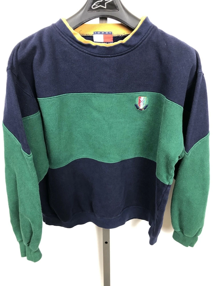 Image 01 - A1 Vintage Tommy Hilfiger Navy Blue Green Stripe Pullover Sweatshirt XL