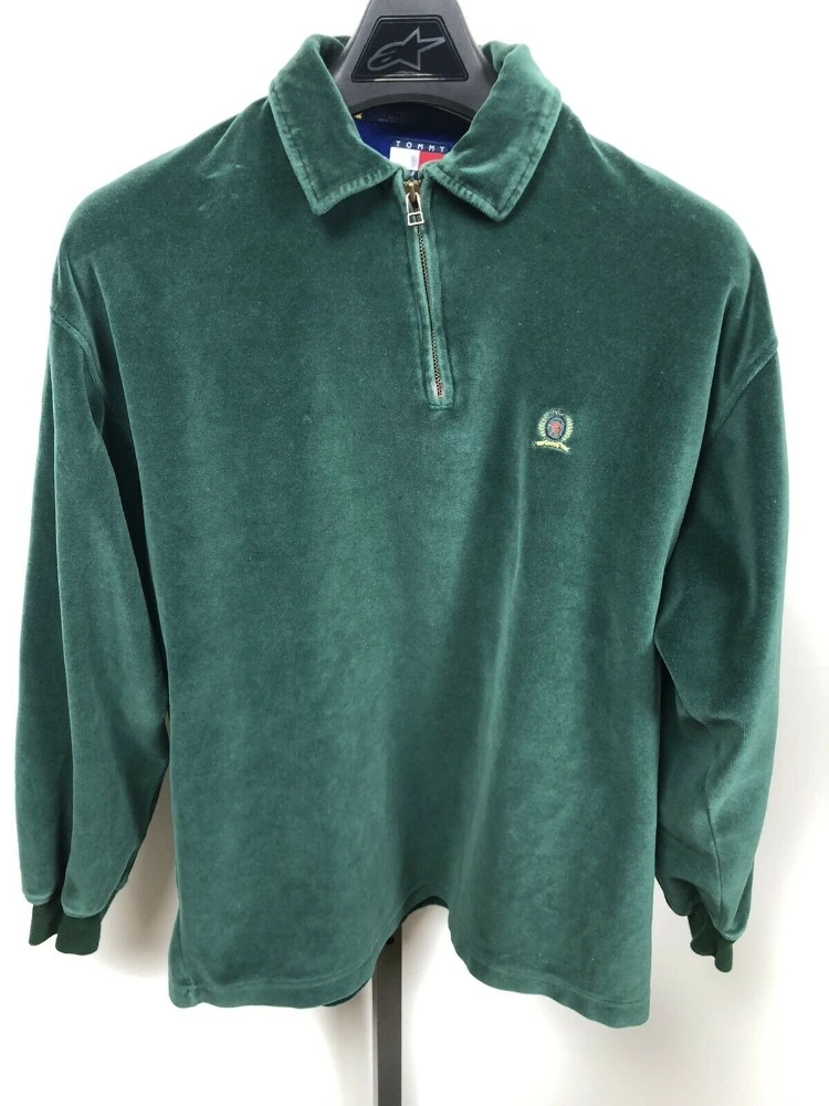 Image 01 - Vintage Tommy Hilfiger Velour Polo Long Sleeve Shirt Men’s Medium Flag Logo