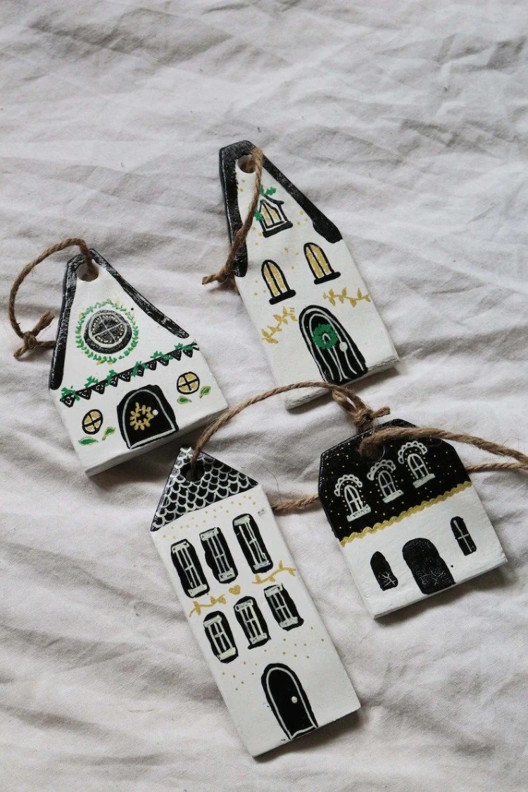 Christmas Village Tree Ornaments Set Of 4 Hand-Painted Image 1