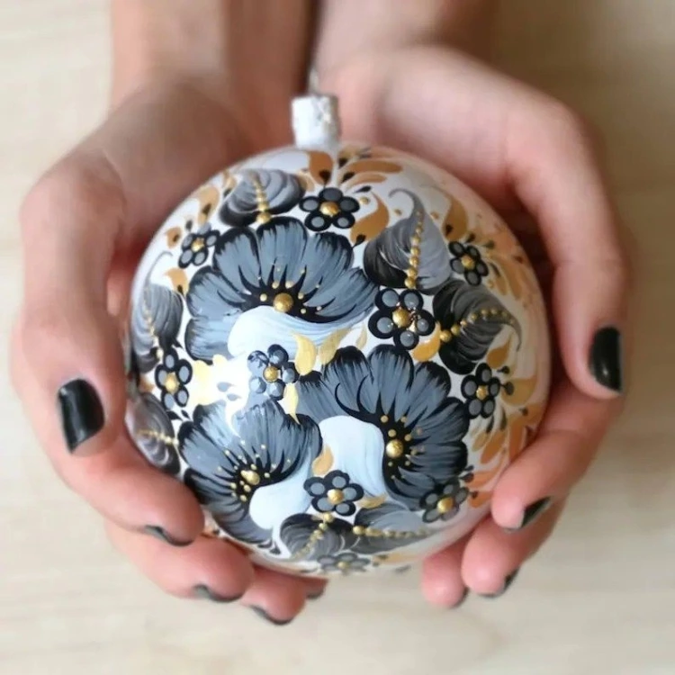 Christmas Ornament Tree Baubles Ball Black Poppy Grey Holiday Poppy On White