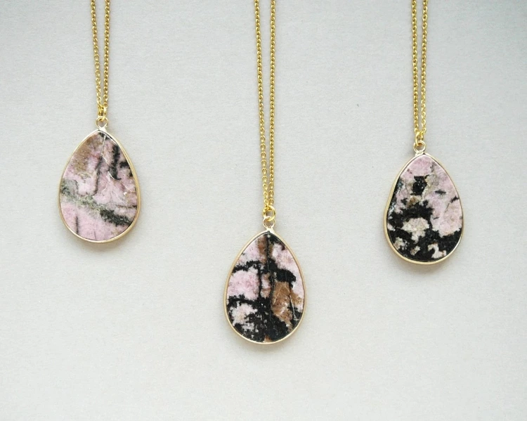 Pink Rhodonite Necklace Natural Rhodochrosite Drop Pendant Image 1