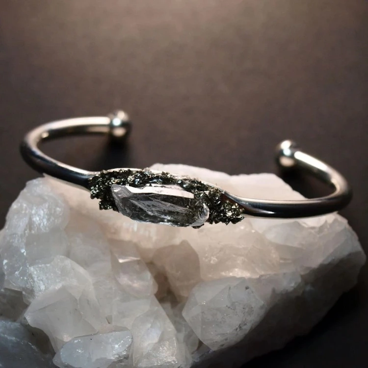 Silver Pyrite And Quartz Bangle Silver Pyrite Bracelet Image 2