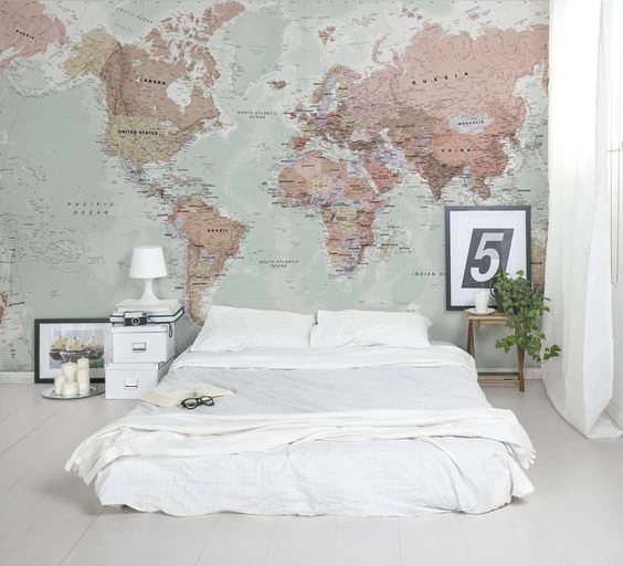 Classic World Map Wallpaper With Amazing Detail And Colour. Looks Great As A Feature Wall In A Bedroom.