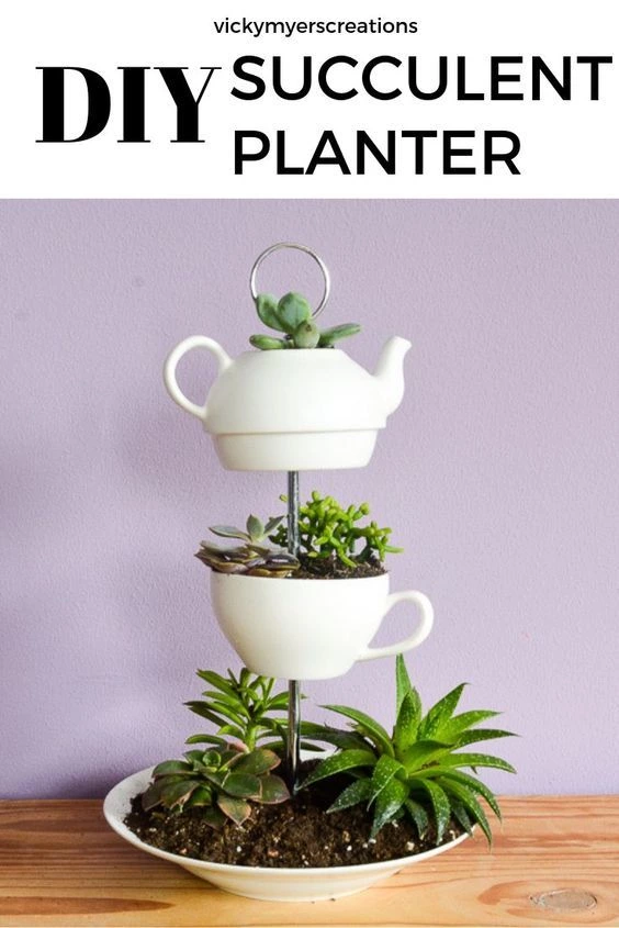 Learn How To Make A Fabulous Upcycled Indoor DIY Planter, This Vertical Planter Is Made From Old Upcycled Crockery #DIYsucculentplanter #indoorplanter