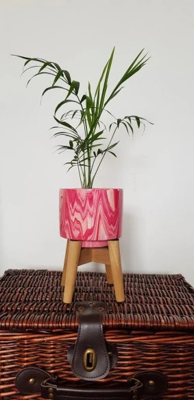 Handpainted Plant Stand & Pot Pink And Beige Marble Pattern Image 0