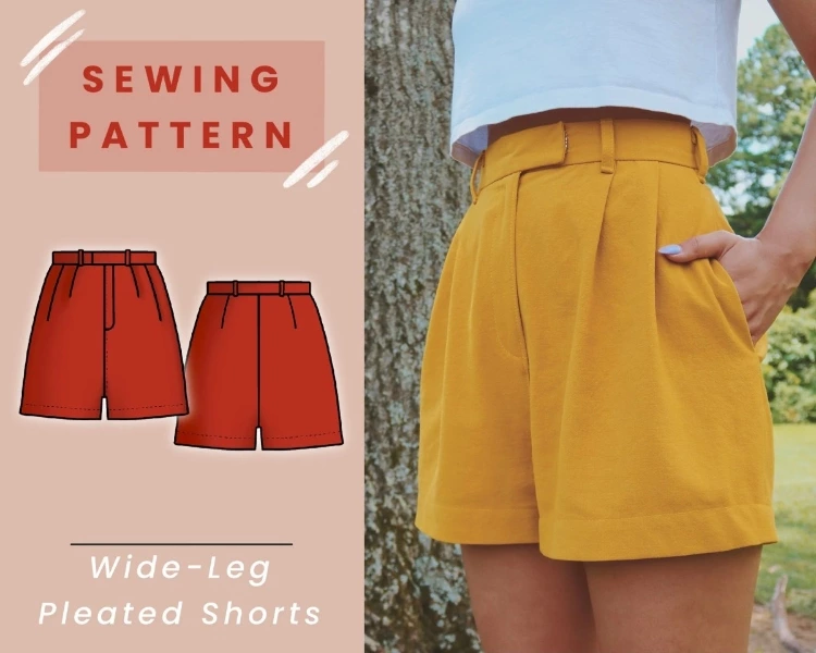Wide Pleated Shorts High Waisted Digital PDF Sewing Pattern Image 0